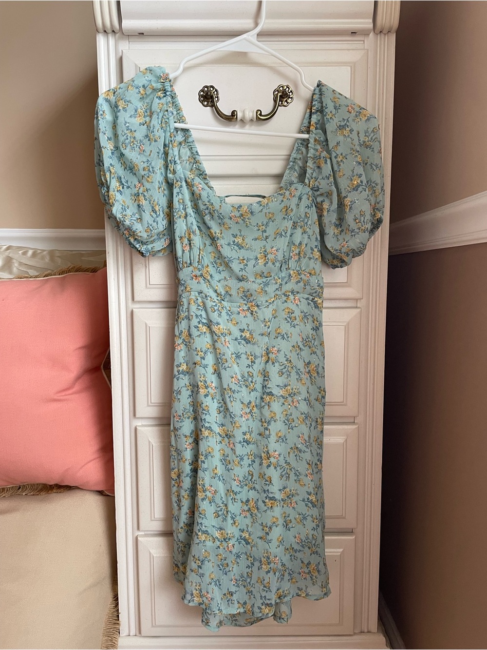 Altar'd State Light Turquoise Floral Puff Sleeve Dress with Cross tie back